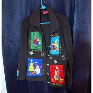 Onque Casuals Cardigan Sweater Womens XL Black Christmas Snowman Embroidered